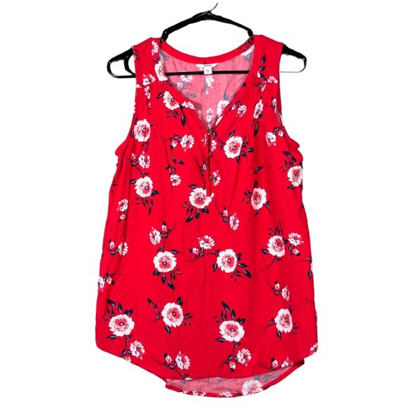 Sonoma Womens Blouse Red Floral Tank Top V Neck Sleeveless Rayon Medium - Picture 1 of 12